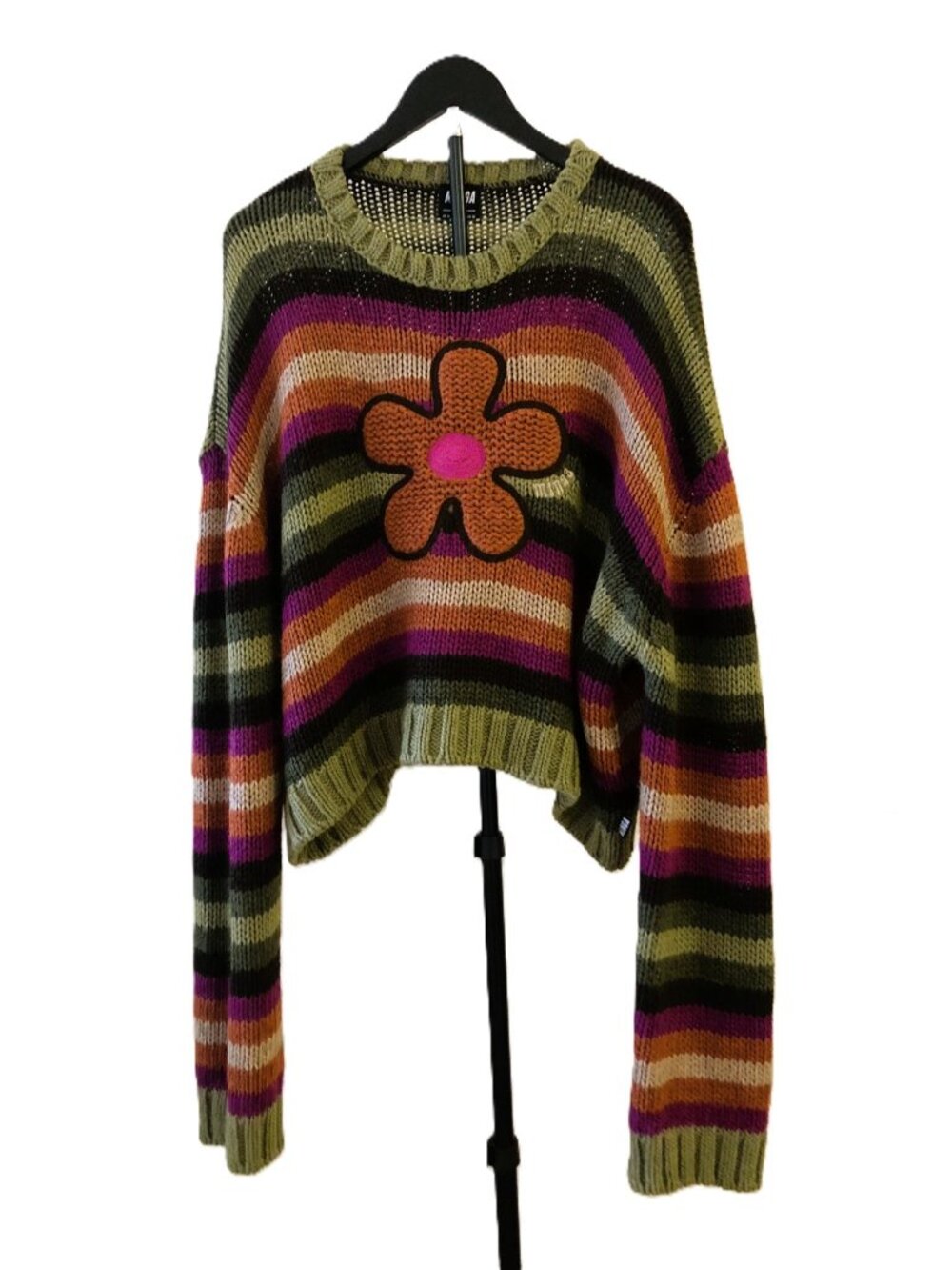 Minga London Retro Flower Striped Cropped Knit Sweater Embroidered Size XL US 10